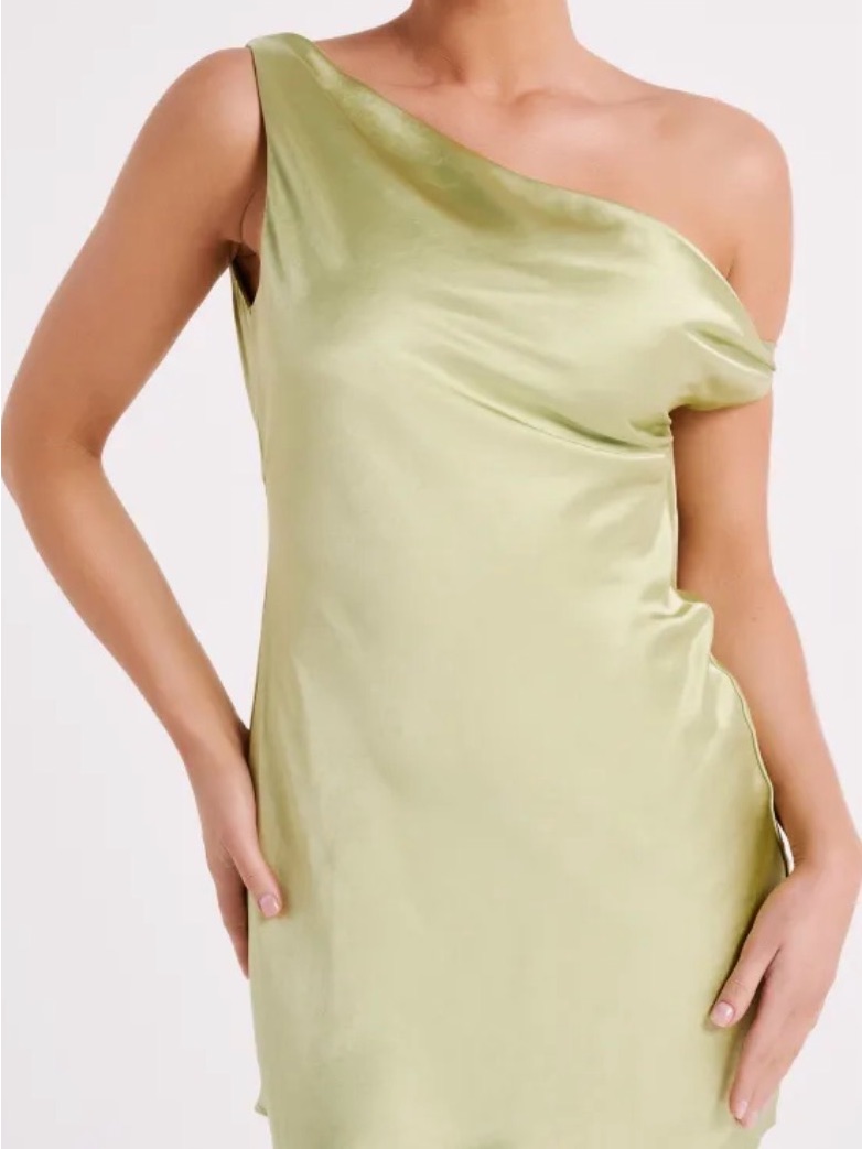Meshki Yvette One-Shoulder Satin Slip Dress In Pistachio